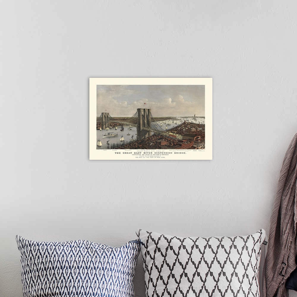 A bohemian room featuring Antique photograph of iconic overpass with boats in waterway sailing beneath it in the "Big Apple."