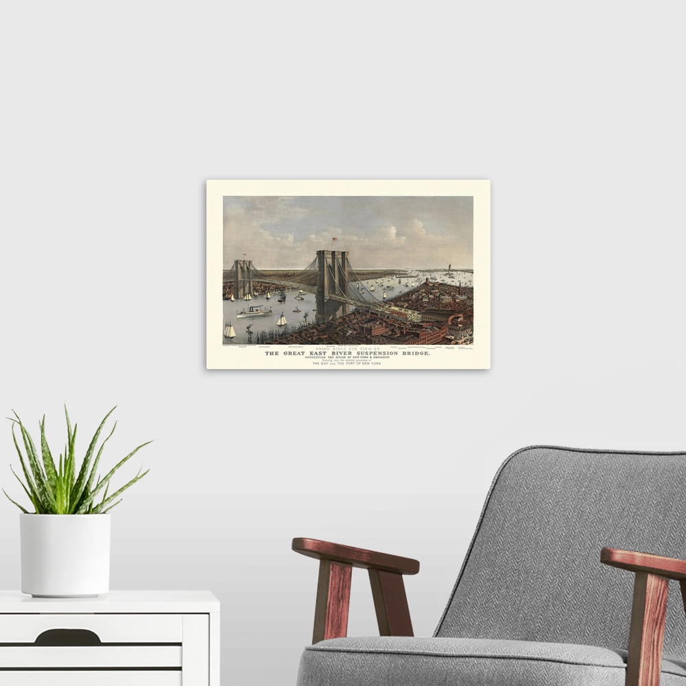 A modern room featuring Antique photograph of iconic overpass with boats in waterway sailing beneath it in the "Big Apple."