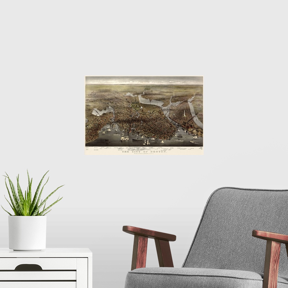 A modern room featuring Retro illustrated map of Boston printed on canvas.
