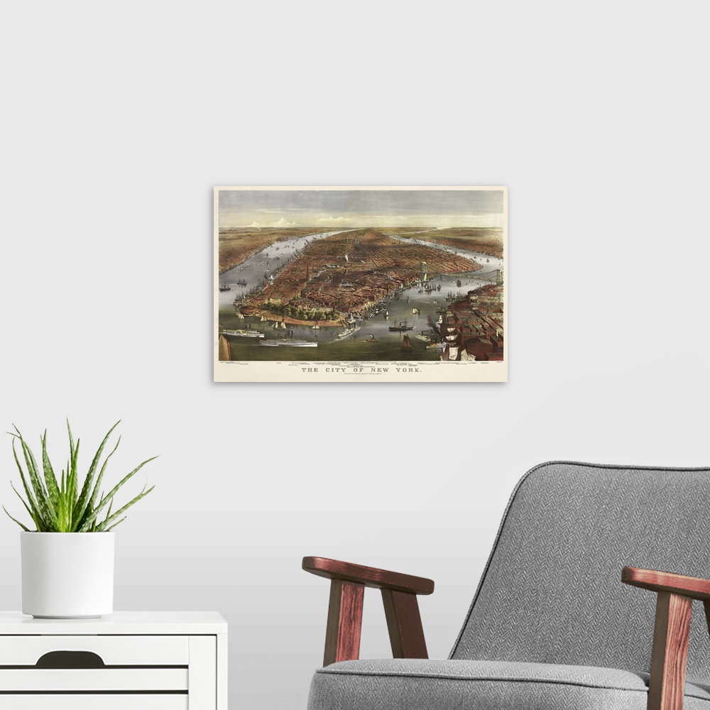 A modern room featuring Vintage Birds Eye View Map of the City of New York