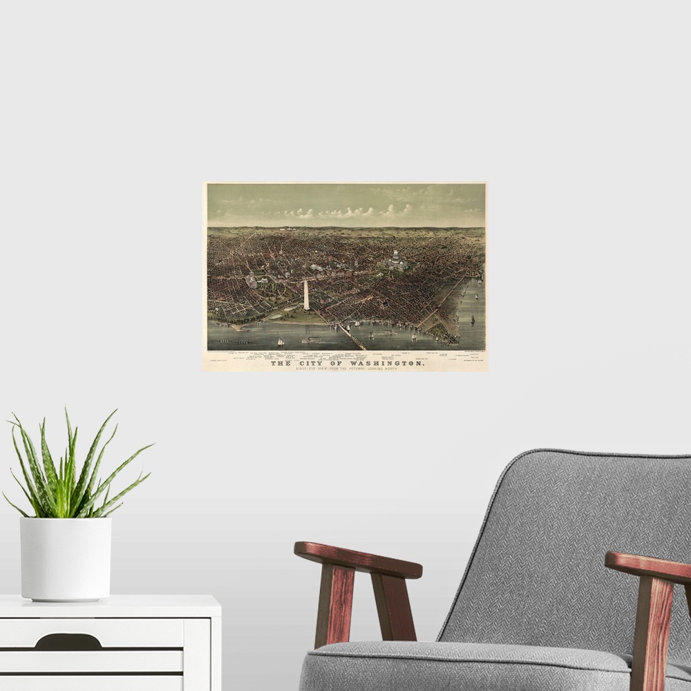 A modern room featuring Large antique illustration shows an aerial view of the United States of America as it sits next t...