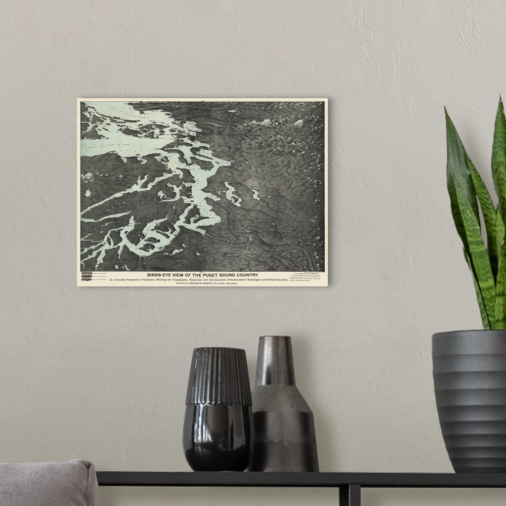 A modern room featuring Vintage Birds-Eye View Map of the Puget Sound Country