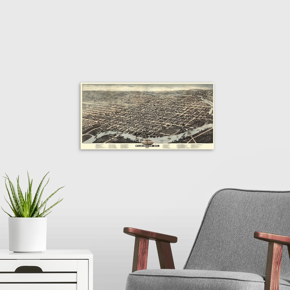 A modern room featuring Vintage Birds Eye View Map of Wilmington, Delaware