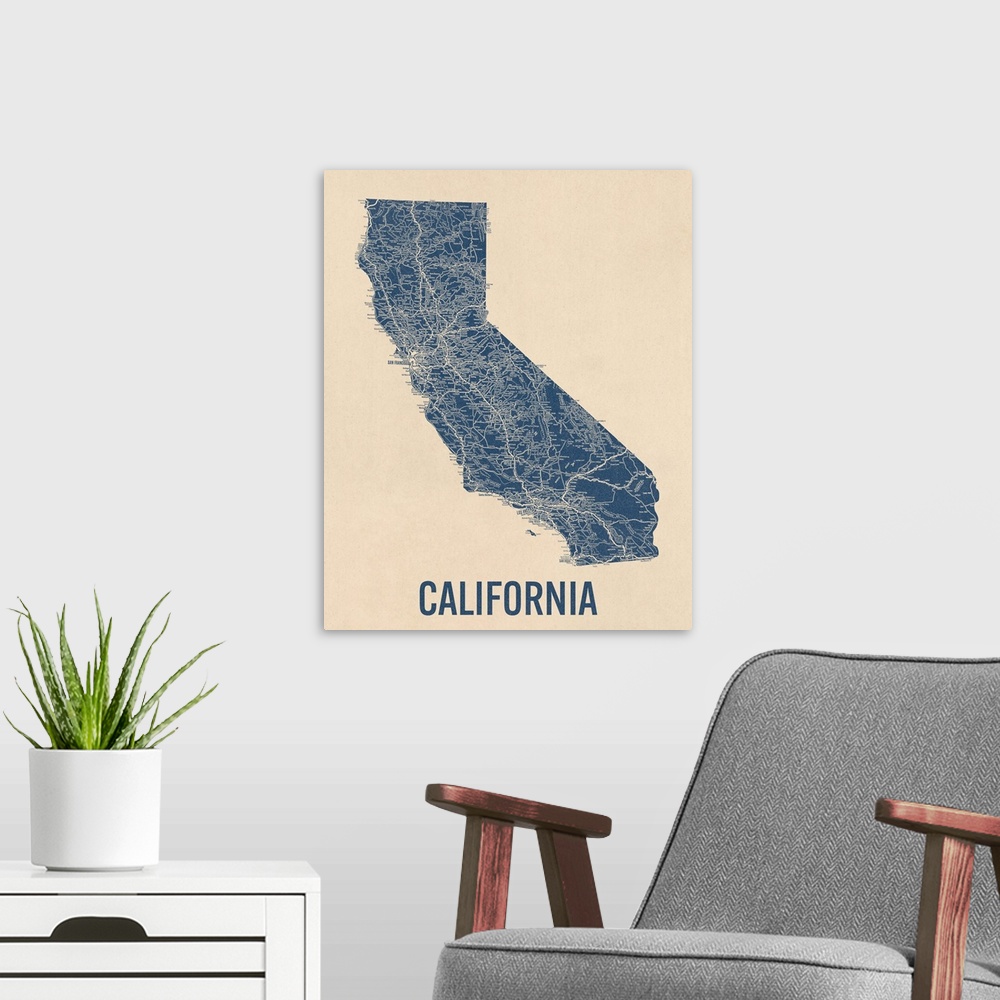 A modern room featuring Vintage California Road Map 1