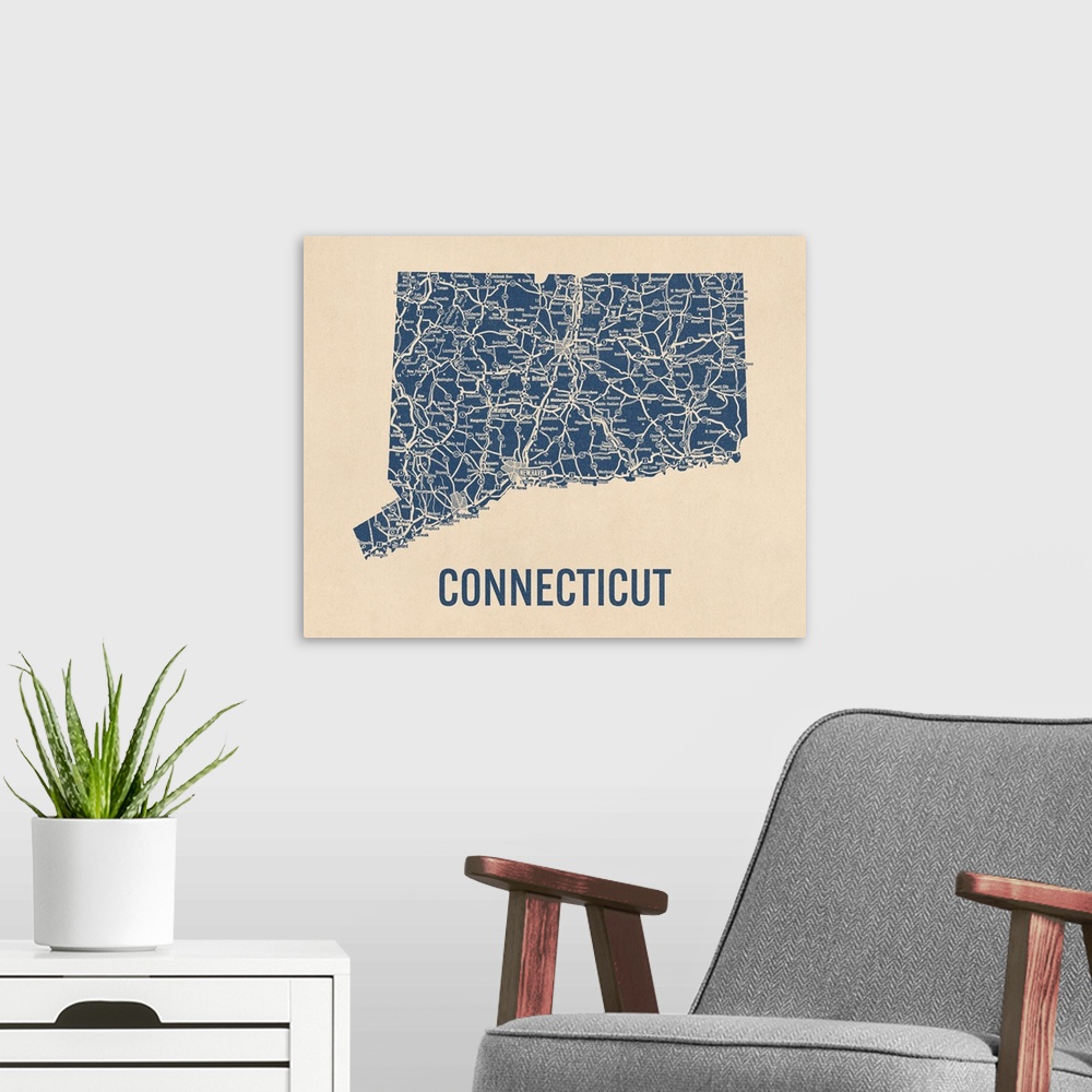 A modern room featuring Vintage Connecticut Road Map 1