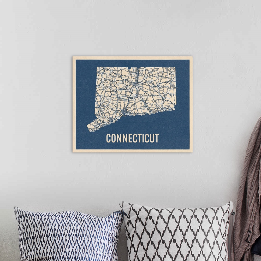A bohemian room featuring Vintage Connecticut Road Map 2