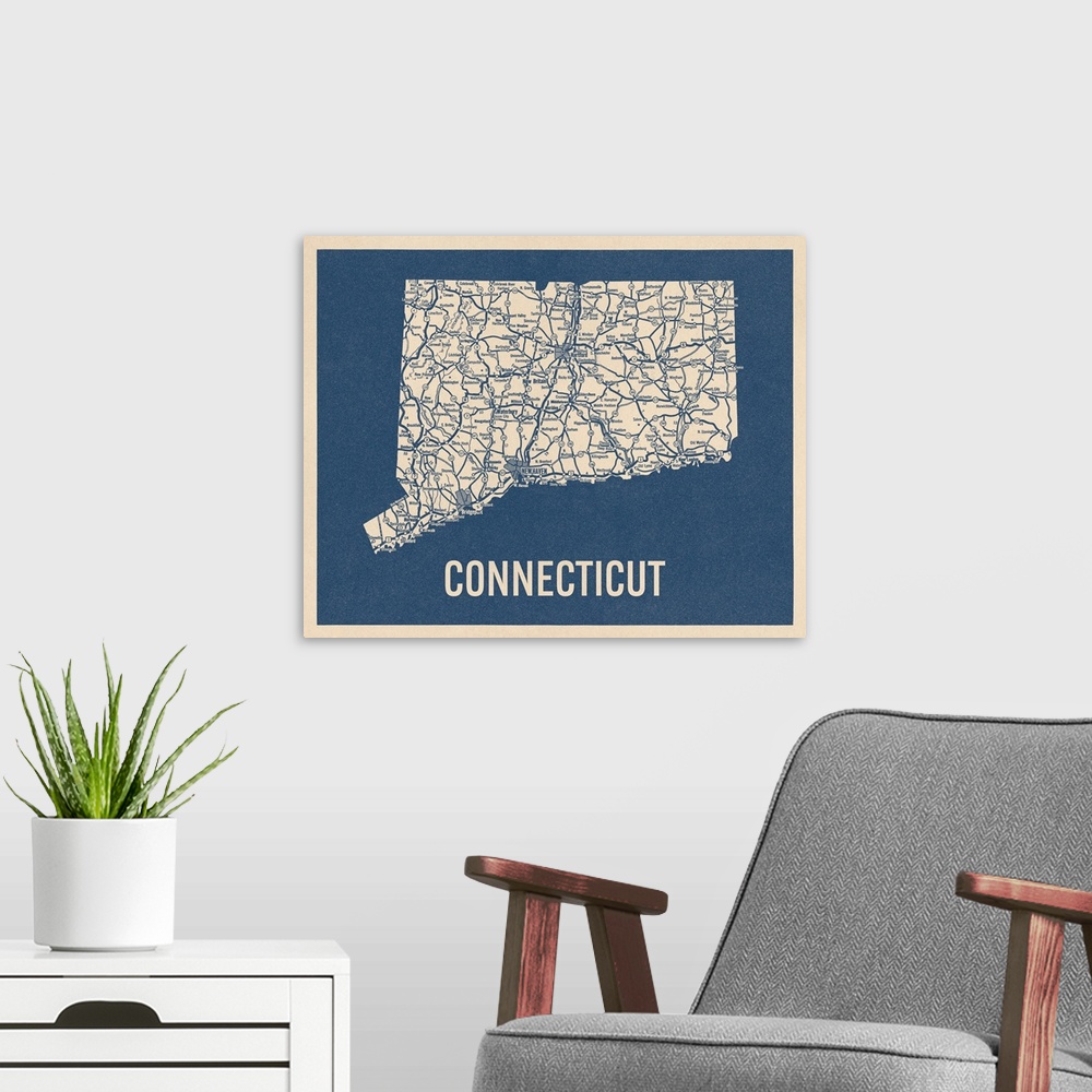 A modern room featuring Vintage Connecticut Road Map 2