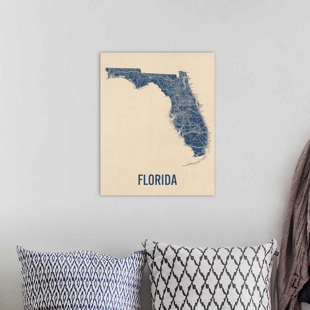 A bohemian room featuring Vintage Florida Road Map 1