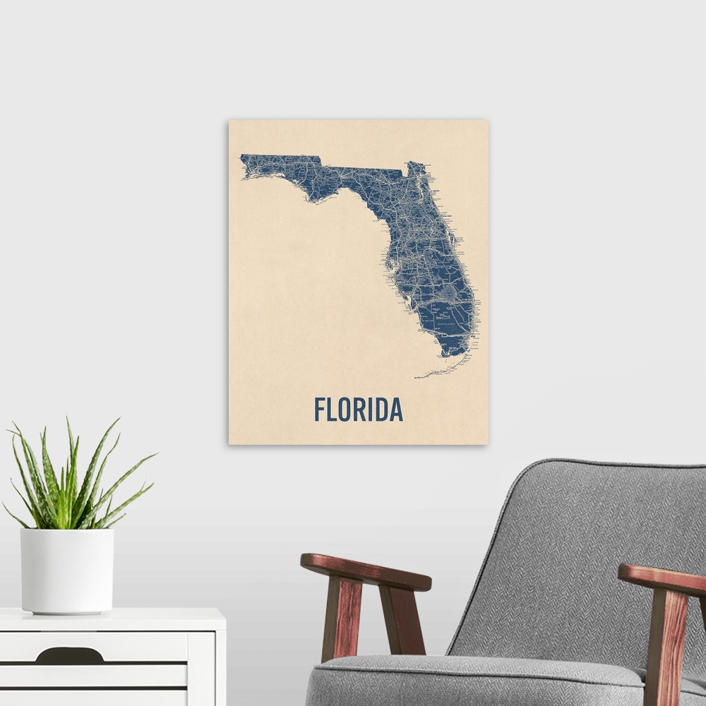 A modern room featuring Vintage Florida Road Map 1