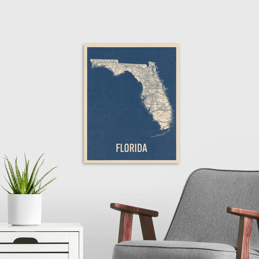 A modern room featuring Vintage Florida Road Map 2