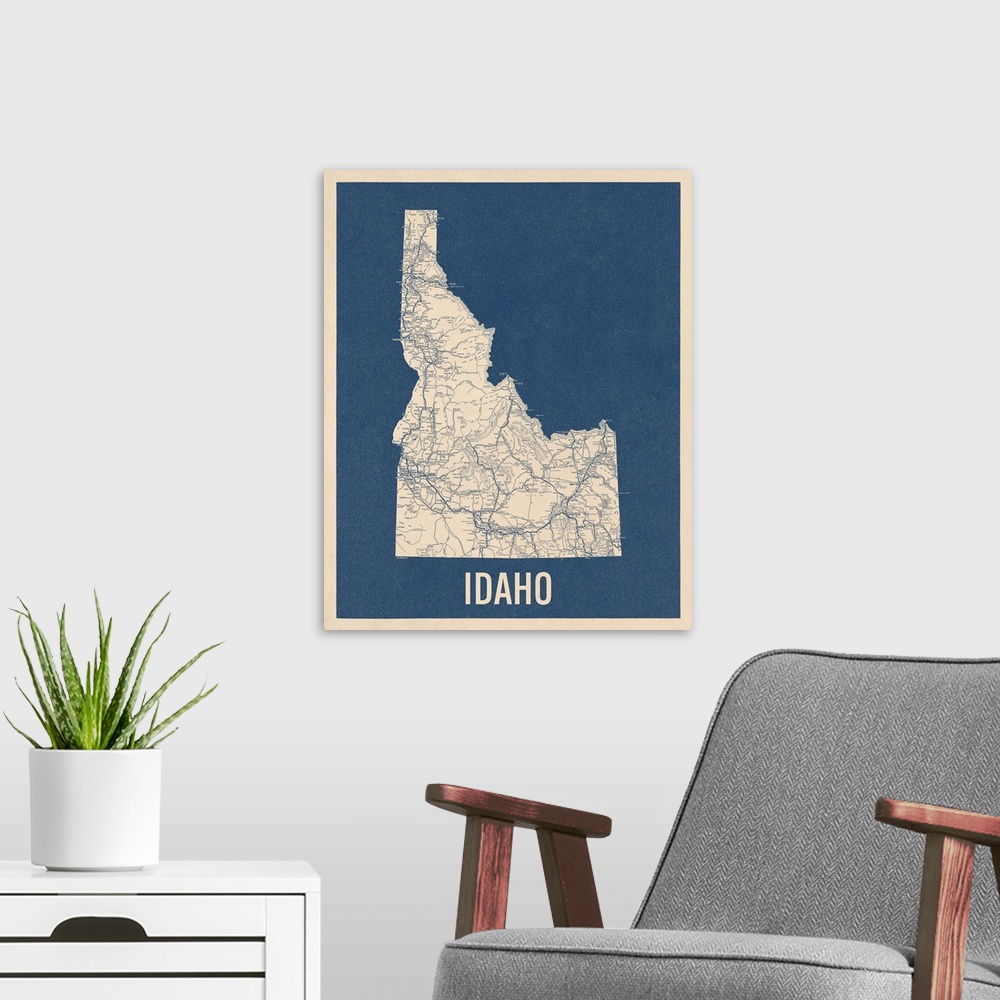 A modern room featuring Vintage Idaho Road Map 2