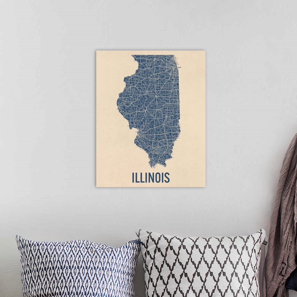 A bohemian room featuring Vintage Illinois Road Map 1