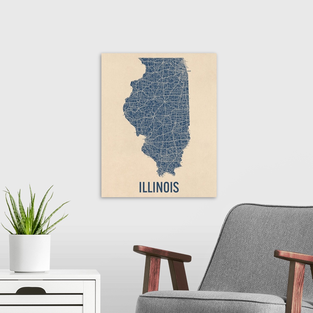 A modern room featuring Vintage Illinois Road Map 1