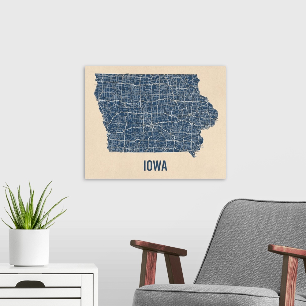 A modern room featuring Vintage Iowa Road Map 1