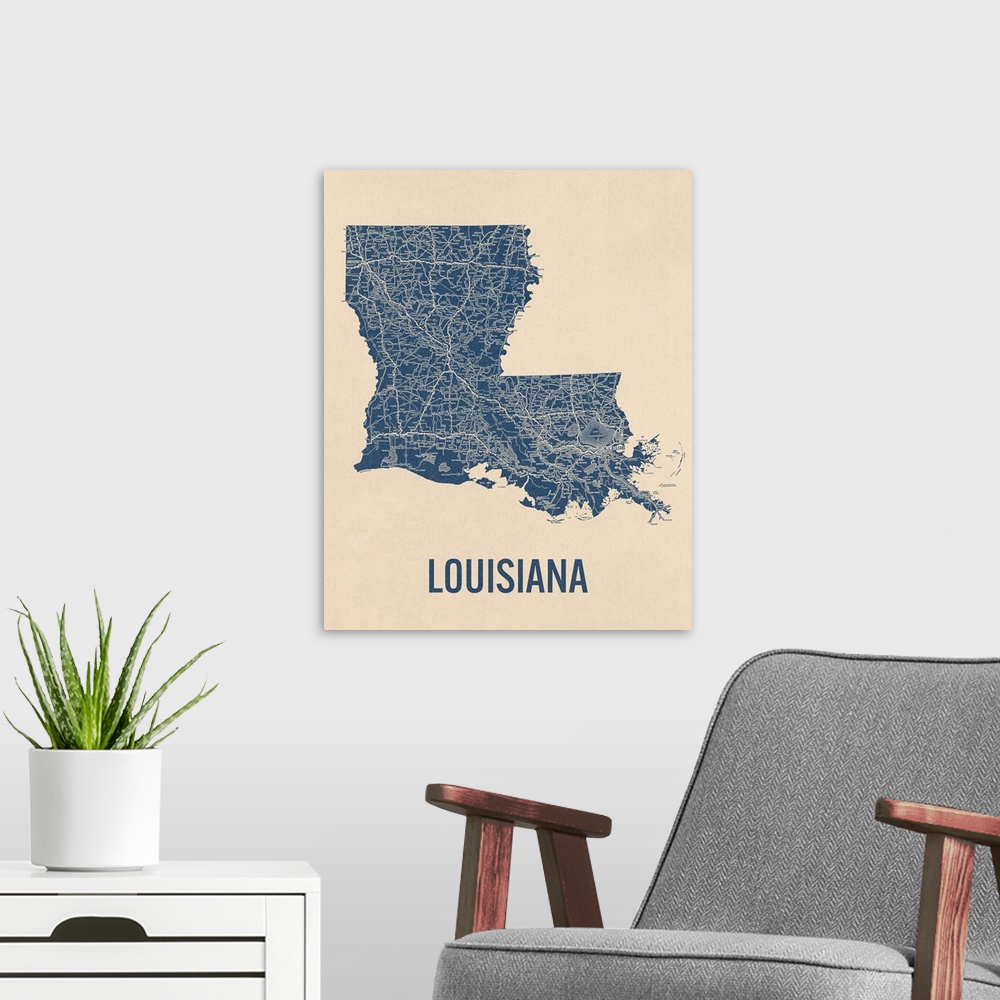 A modern room featuring Vintage Louisiana Road Map 1