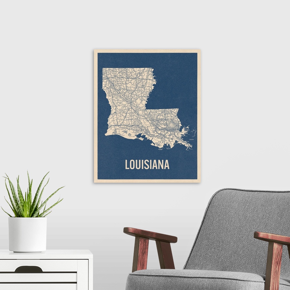 A modern room featuring Vintage Louisiana Road Map 2