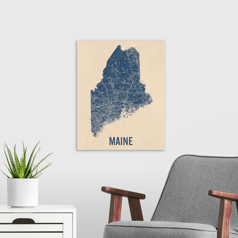 A modern room featuring Vintage Maine Road Map 1
