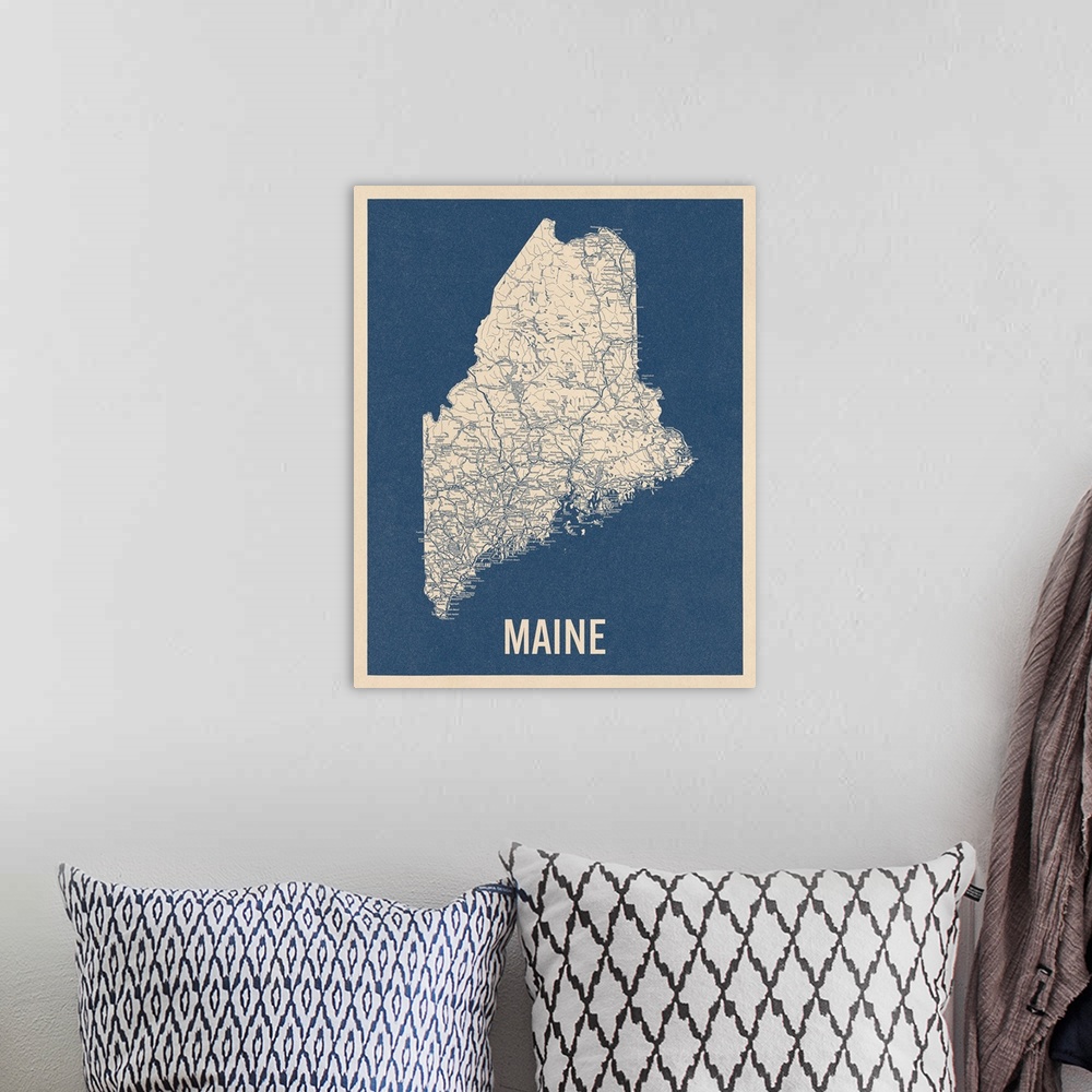 A bohemian room featuring Vintage Maine Road Map 2