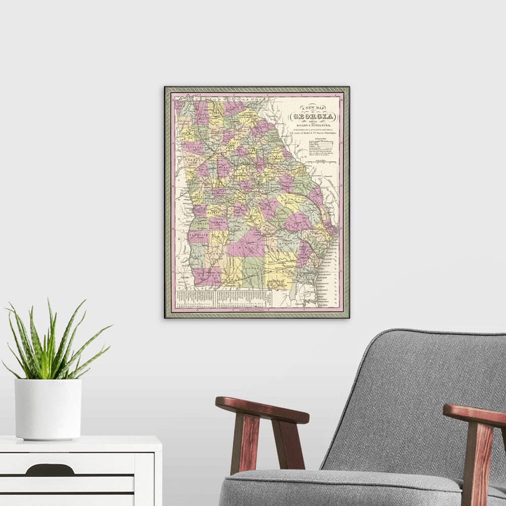 A modern room featuring Vintage Map of Georgia with its Roads and Distances
