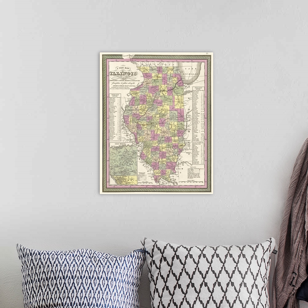 A bohemian room featuring Vintage Map of Illinois, with its Proposed Canals, Roads and Distances