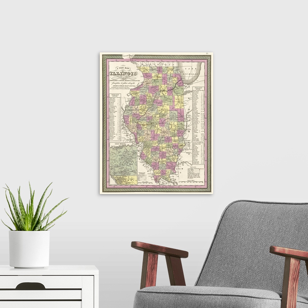 A modern room featuring Vintage Map of Illinois, with its Proposed Canals, Roads and Distances