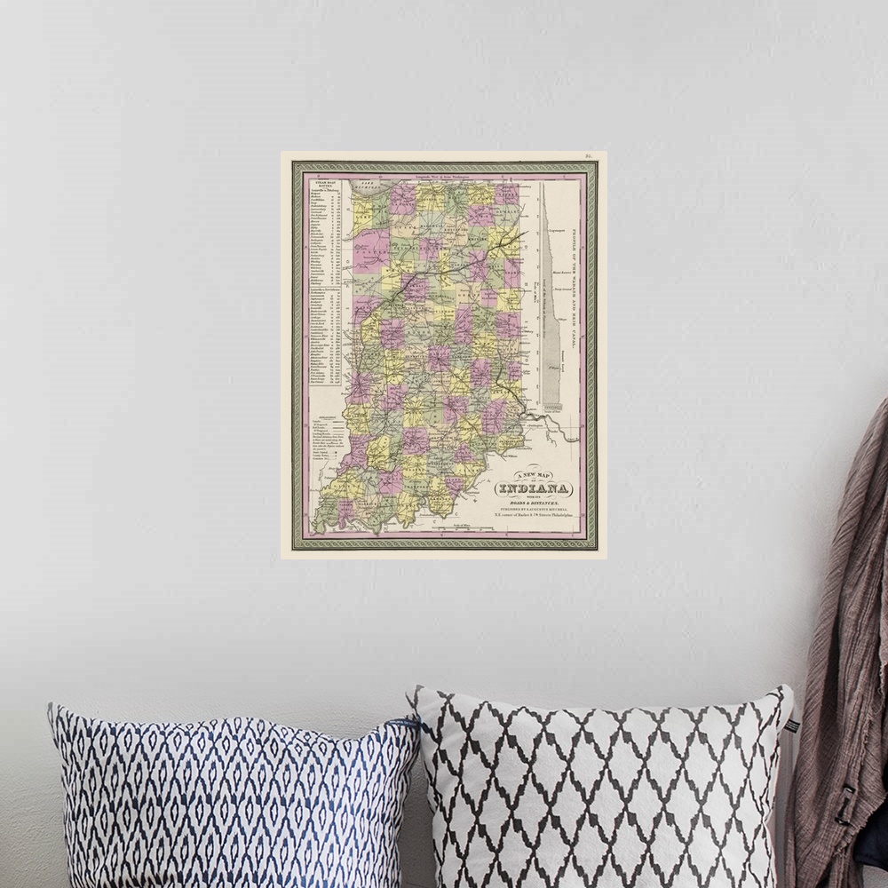 A bohemian room featuring Vintage Map of Indiana with its Roads and Distances