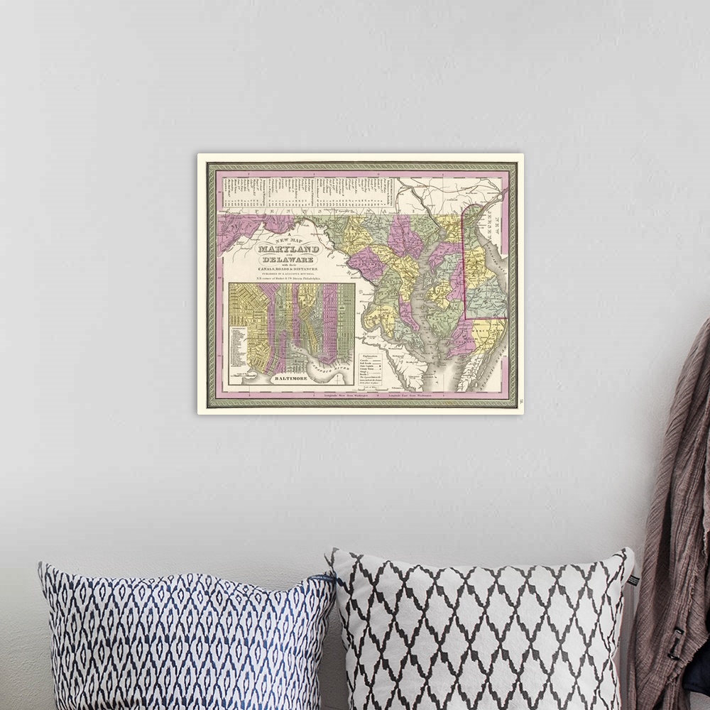 A bohemian room featuring Vintage Map of Maryland and Delaware wih their Canals, Roads, and Distances