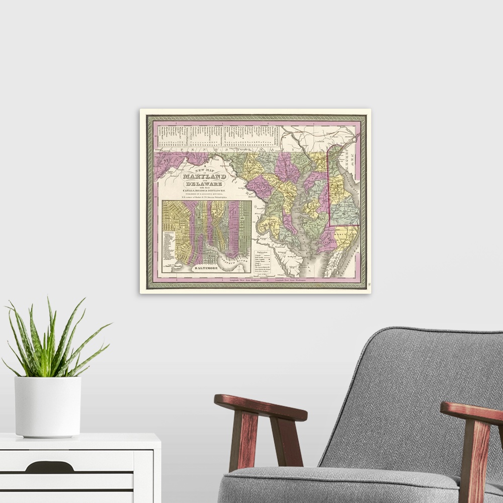 A modern room featuring Vintage Map of Maryland and Delaware wih their Canals, Roads, and Distances