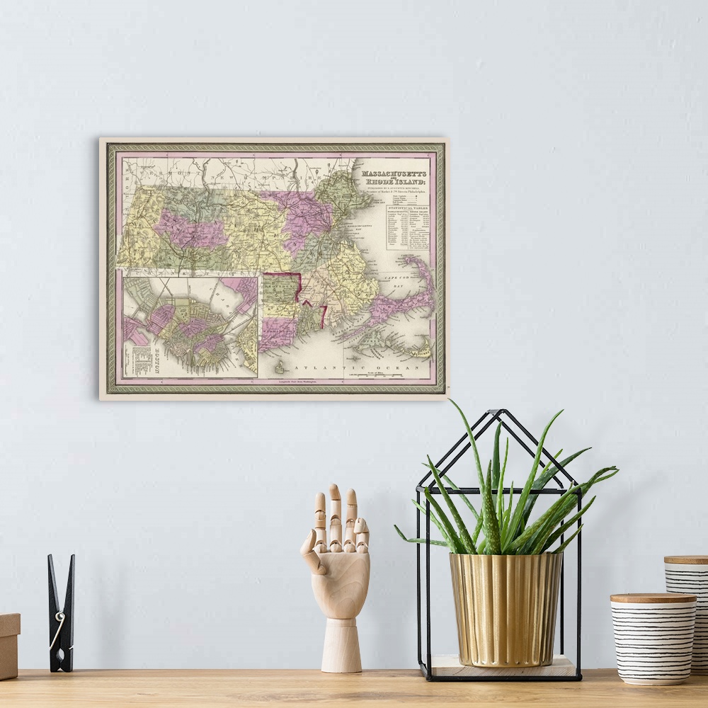 A bohemian room featuring Vintage Map of Massachusetts and Rhode Island