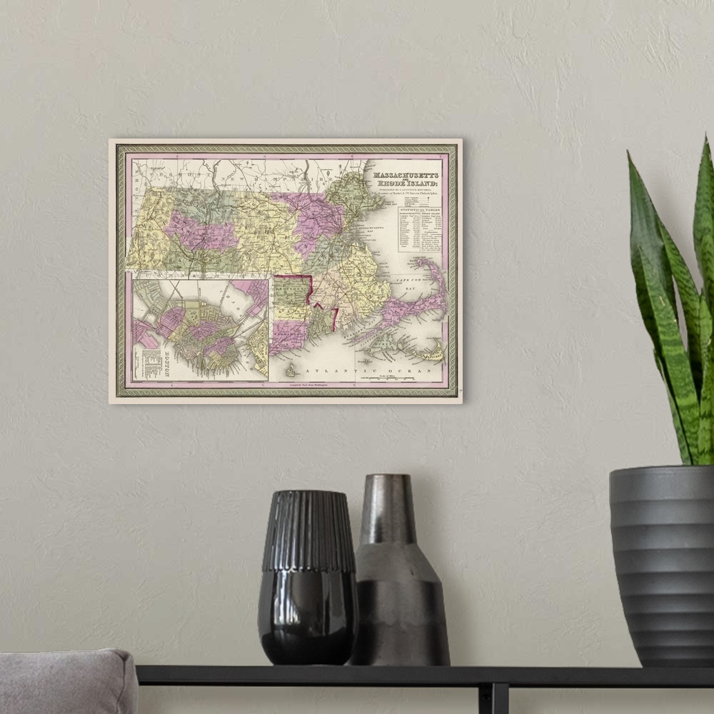 A modern room featuring Vintage Map of Massachusetts and Rhode Island