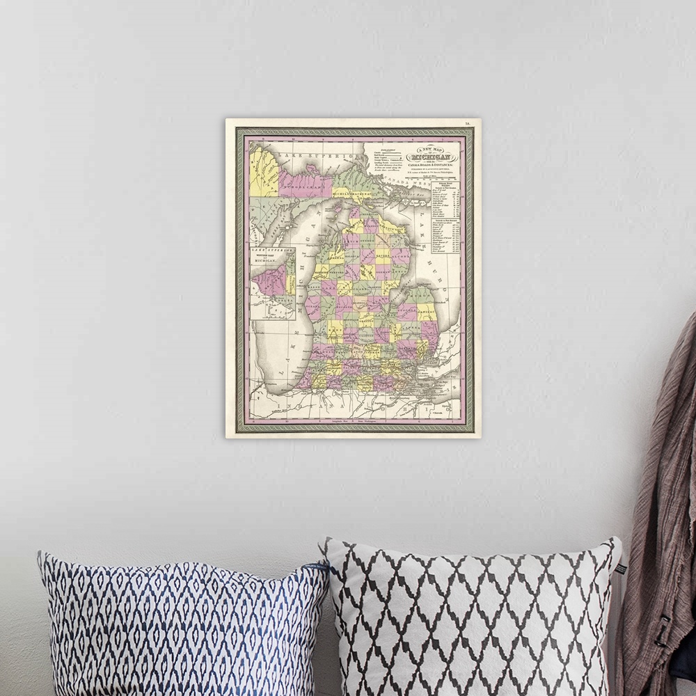 A bohemian room featuring Vintage Map of Michigan with its Canals, Roads, and Distances
