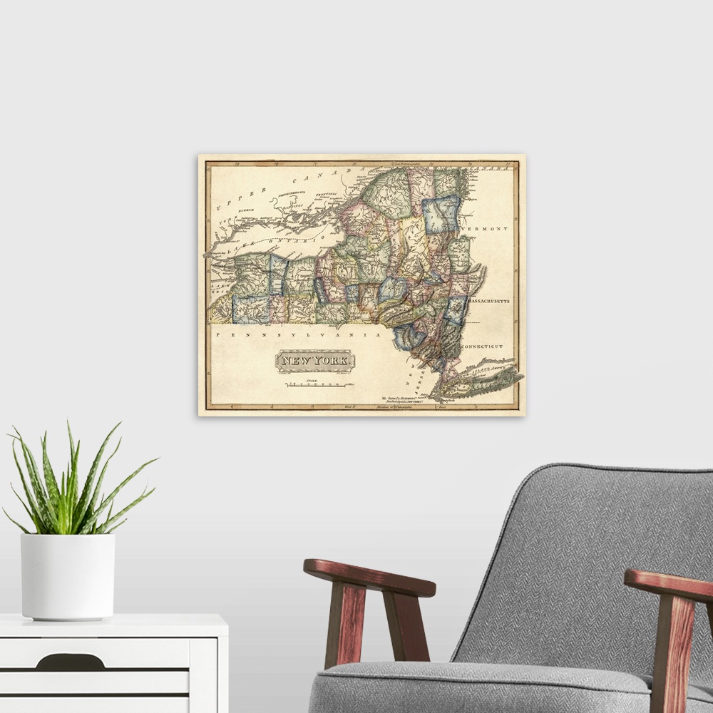 A modern room featuring Vintage Map of New York