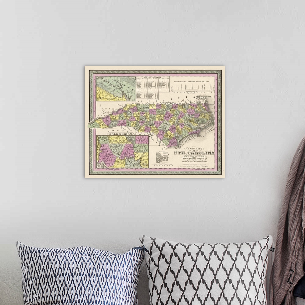 A bohemian room featuring Vintage Map of North Carolina, with its Canals, Roads and Distances from Place to Place
