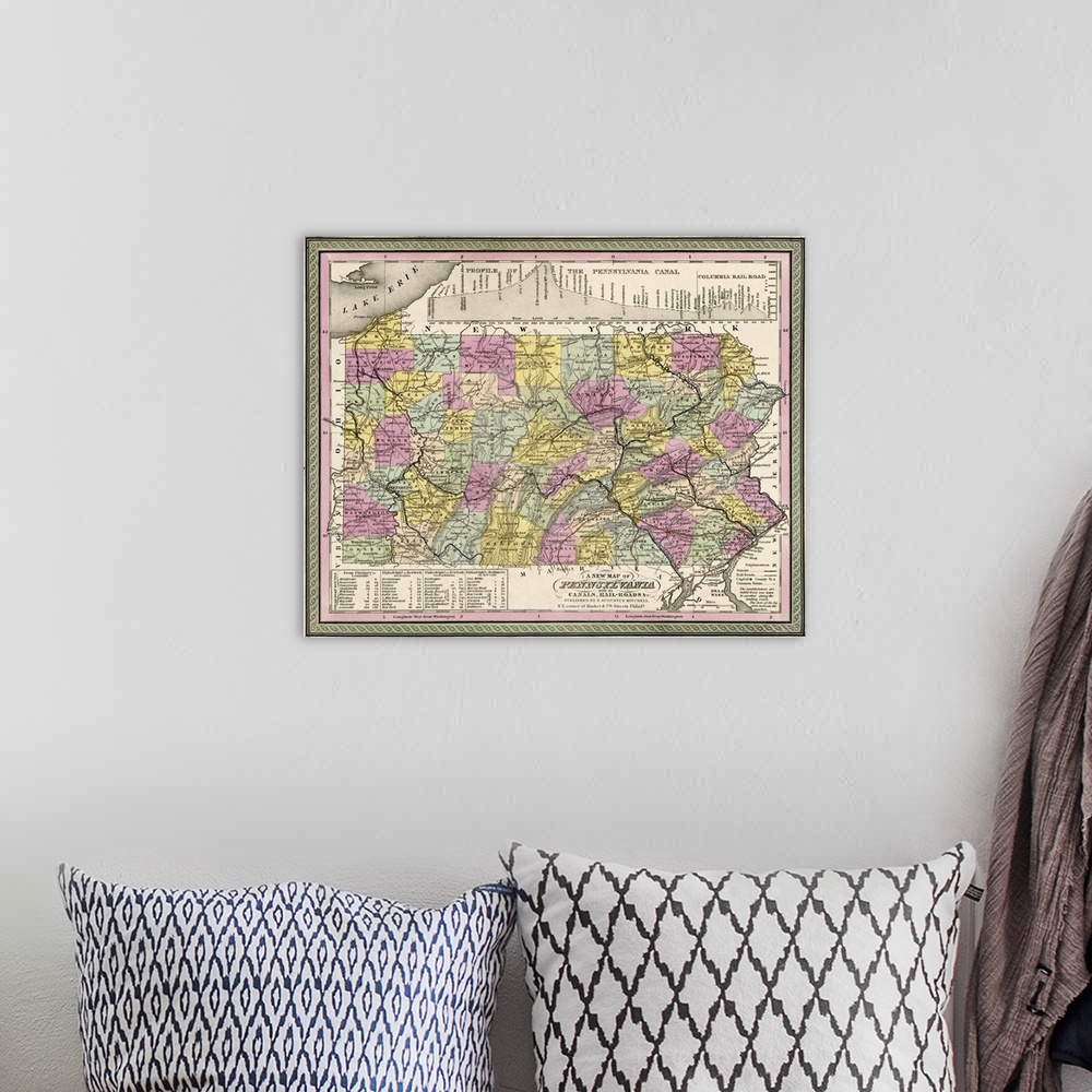 A bohemian room featuring Vintage Map of Pennsylvania with its Canals, Rail-roads, etc
