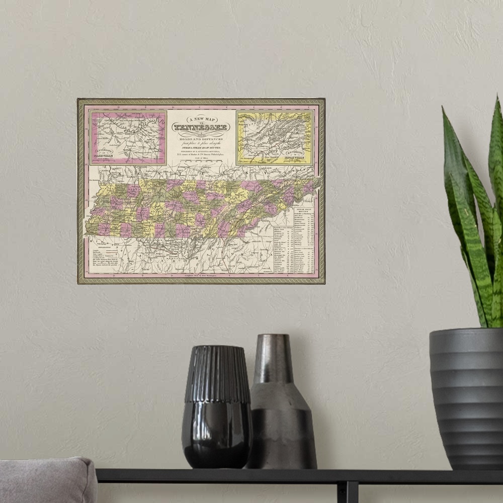 A modern room featuring Vintage Map of Tennessee, with its Roads and Distances from Place to Place
