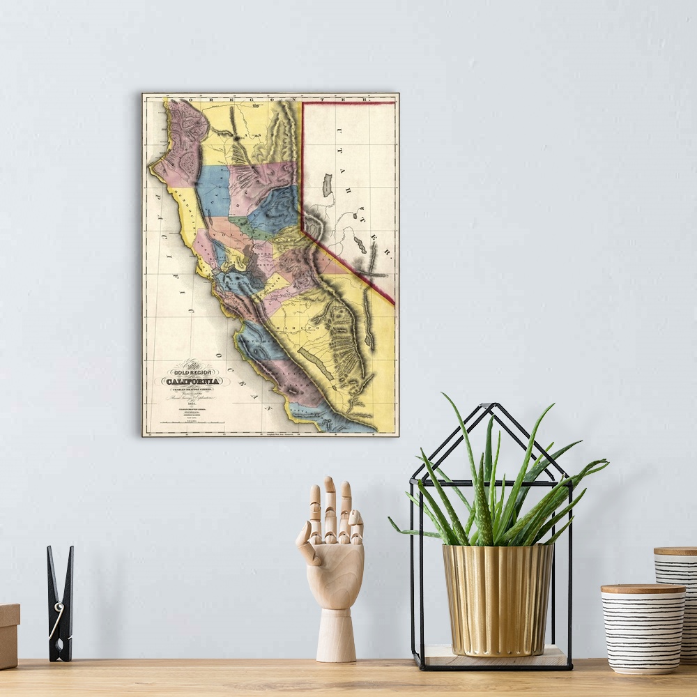 A bohemian room featuring Big, vertical vintage map of the Gold Region of California, made up of multicolored sections, on ...