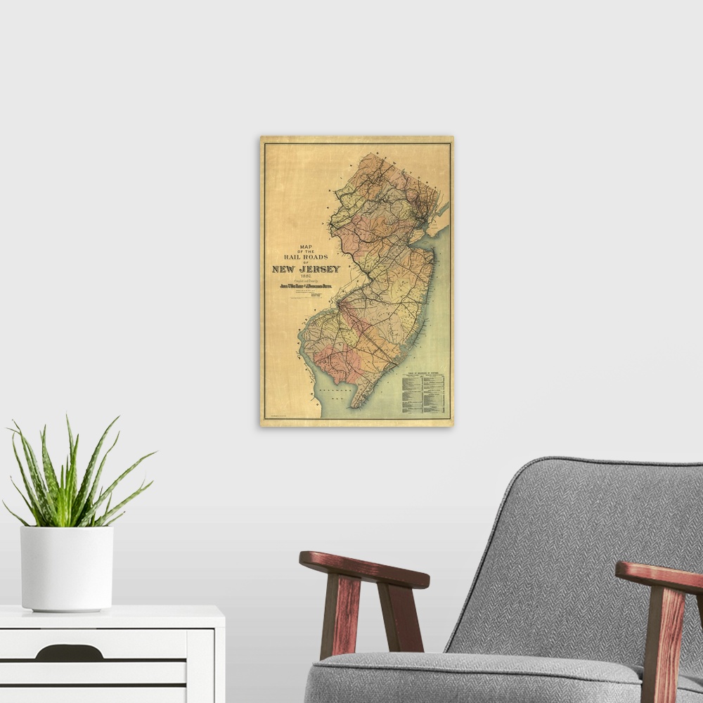 A modern room featuring Large vertical vintage map of the New Jersey Rail Roads in 1887.  The background has a rough, par...