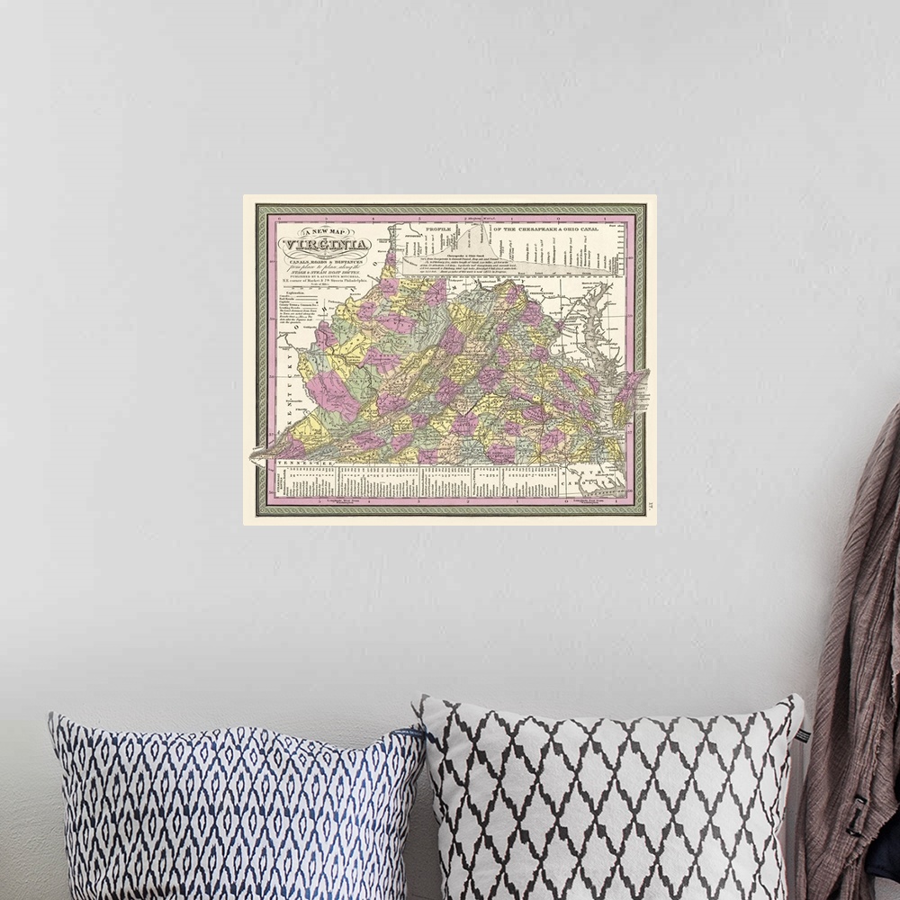 A bohemian room featuring Oversized, horizontal, vintage map of Virginia, detailed with its canals and roads, and including...