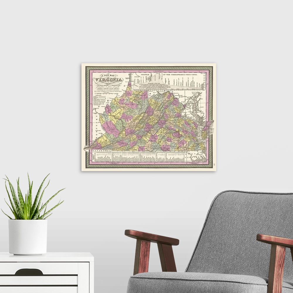 A modern room featuring Oversized, horizontal, vintage map of Virginia, detailed with its canals and roads, and including...