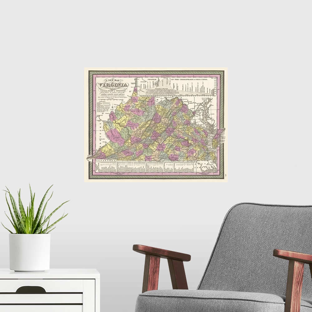 A modern room featuring Oversized, horizontal, vintage map of Virginia, detailed with its canals and roads, and including...