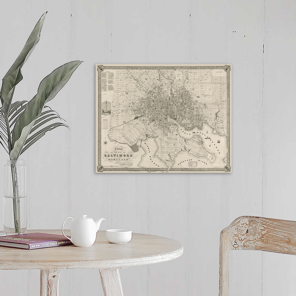 A farmhouse room featuring Landscape, large wall hanging of a detailed vintage map plan of Baltimore, Maryland.