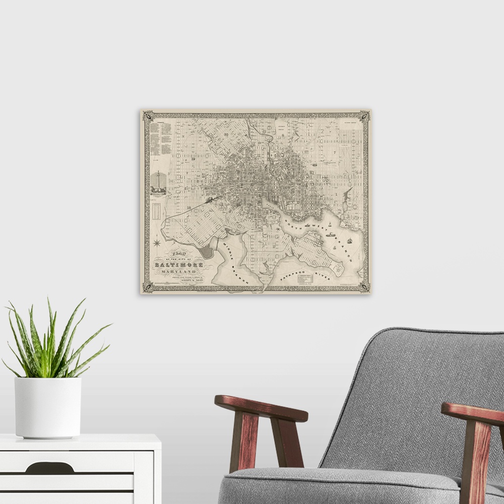 A modern room featuring Landscape, large wall hanging of a detailed vintage map plan of Baltimore, Maryland.