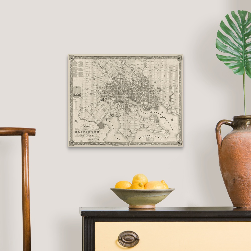 A traditional room featuring Landscape, large wall hanging of a detailed vintage map plan of Baltimore, Maryland.