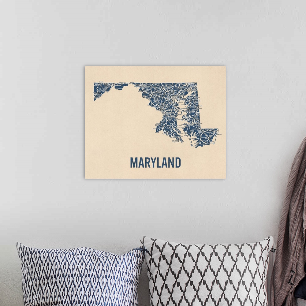 A bohemian room featuring Vintage Maryland Road Map 1