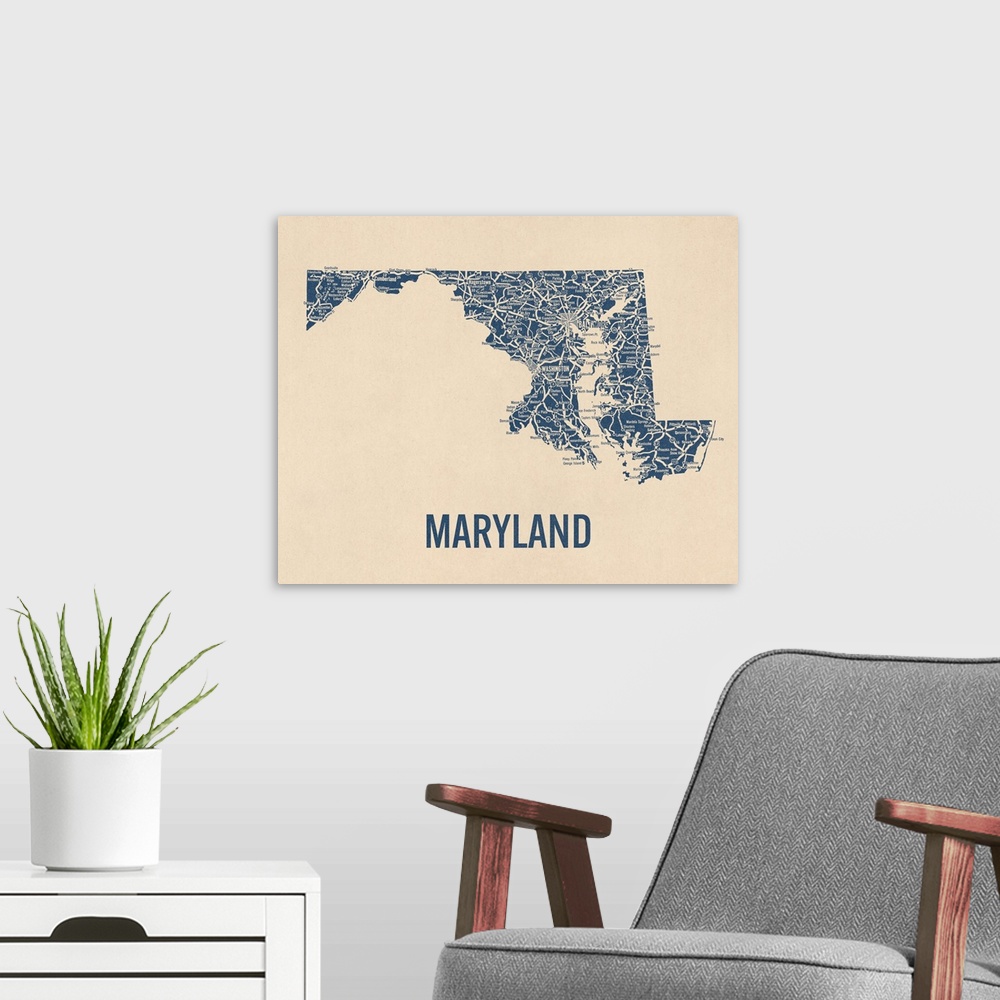 A modern room featuring Vintage Maryland Road Map 1