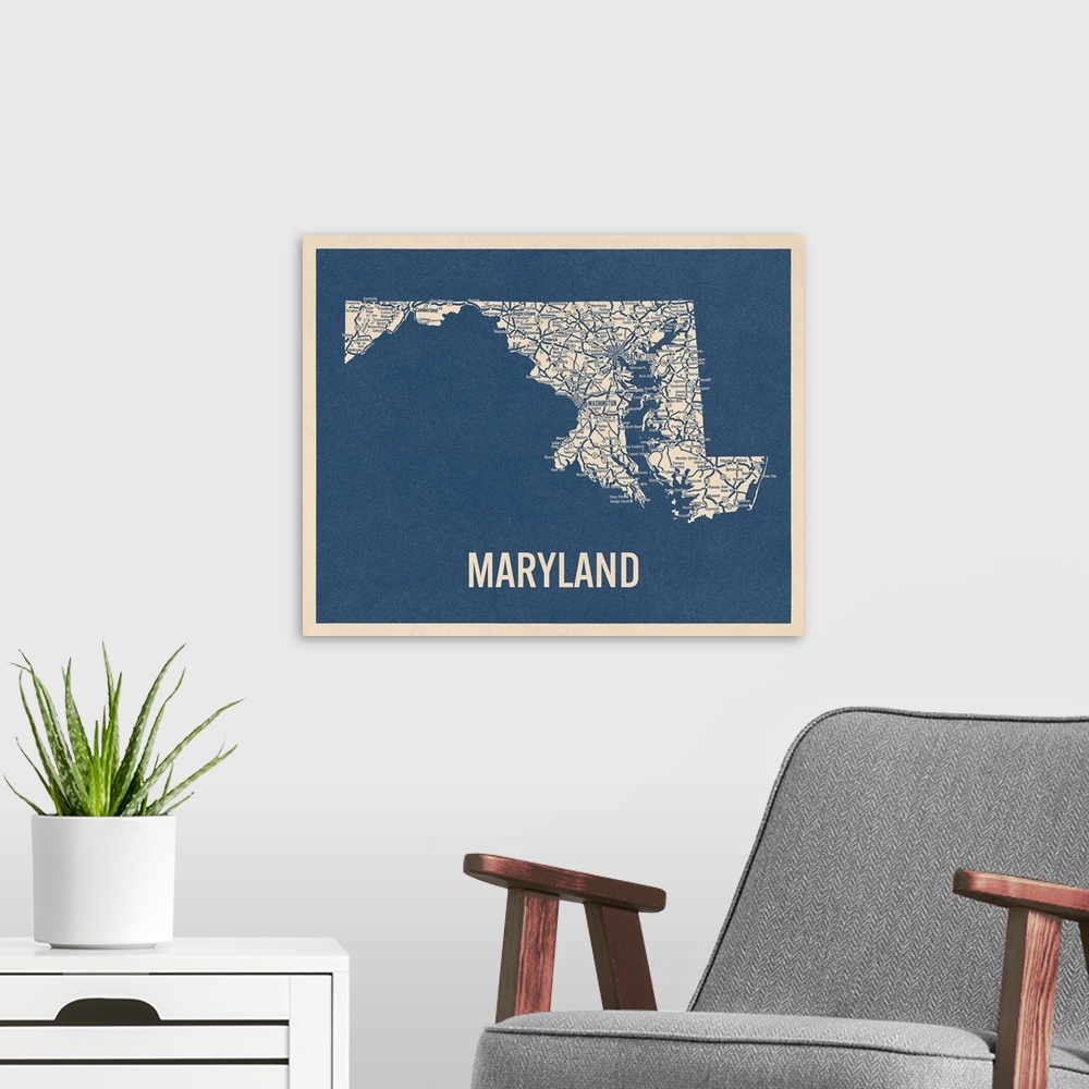 A modern room featuring Vintage Maryland Road Map 2