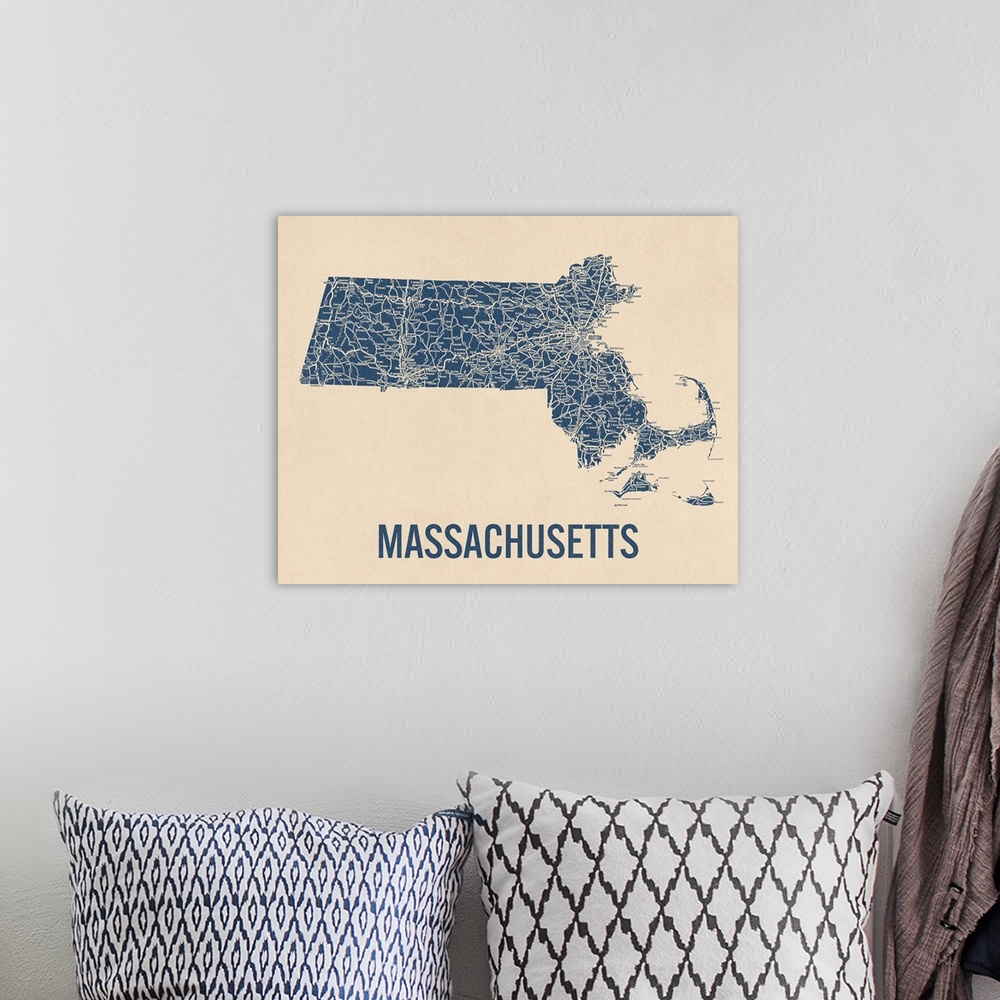 A bohemian room featuring Vintage Massachusetts Road Map 1