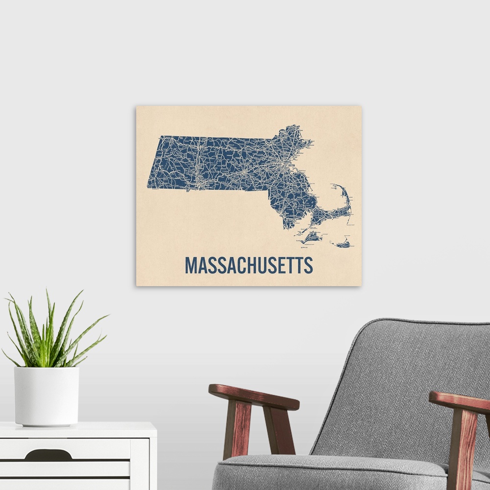 A modern room featuring Vintage Massachusetts Road Map 1