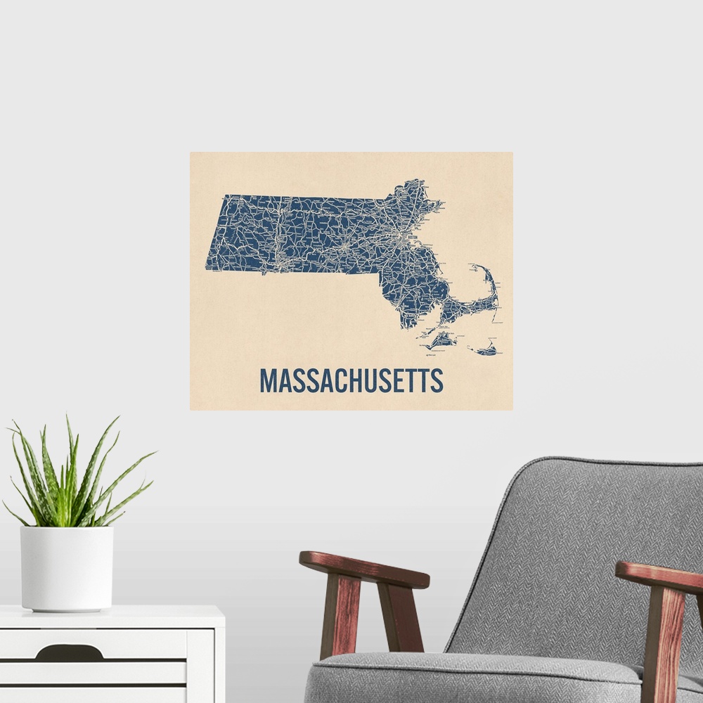 A modern room featuring Vintage Massachusetts Road Map 1