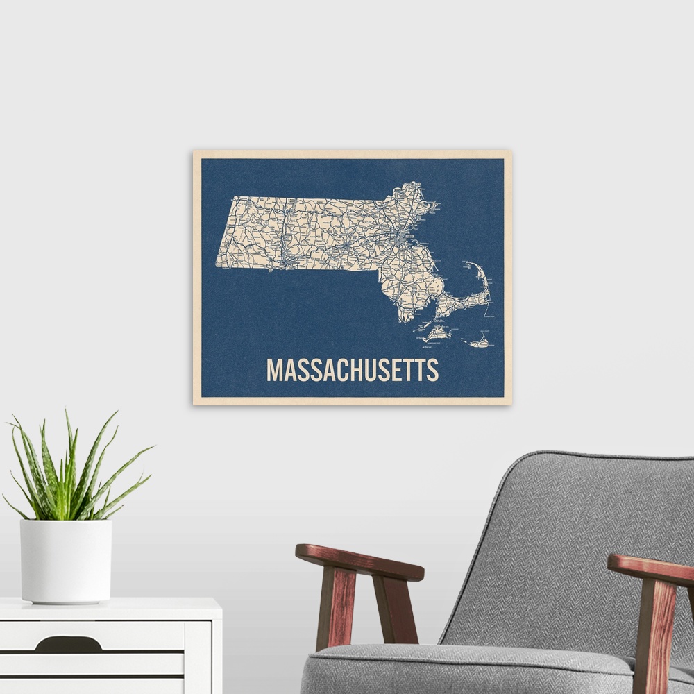 A modern room featuring Vintage Massachusetts Road Map 2